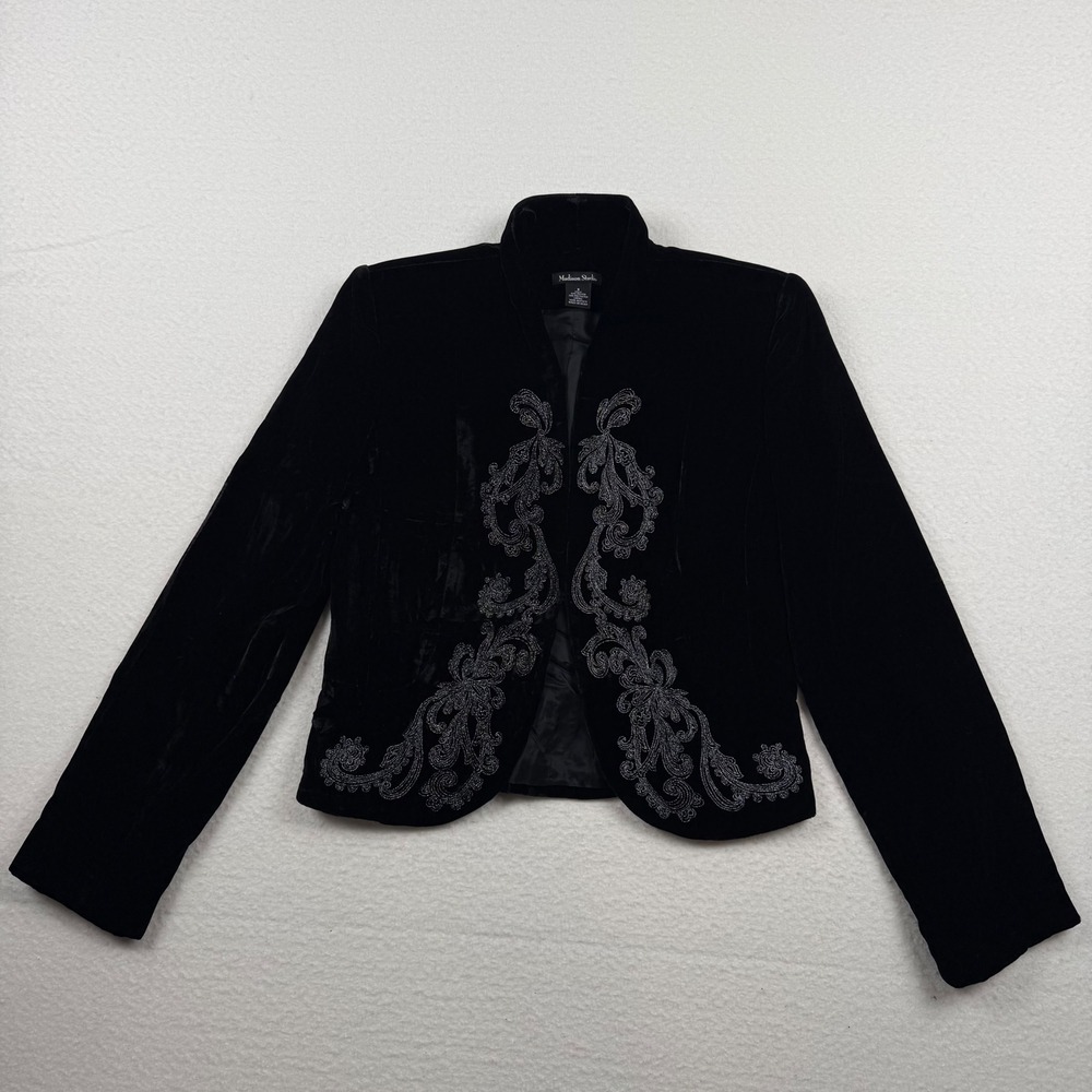 VTG Madison Studio Black Velvet Cropped Jacket 8 Embroidered Renaissance Poeti